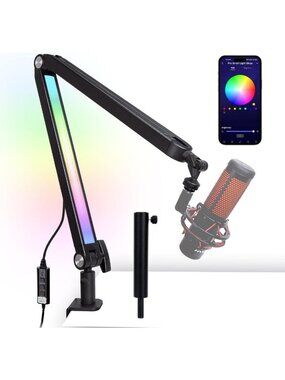 Adjustable Mic Boom Arm with RGB Light - Desk Stand for Gaming & USB Microphones